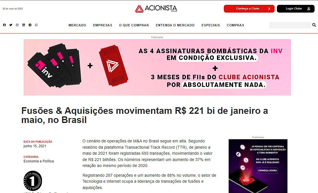 Fuses & Aquisies movimentam R$ 221 bi de janeiro a maio, no Brasil